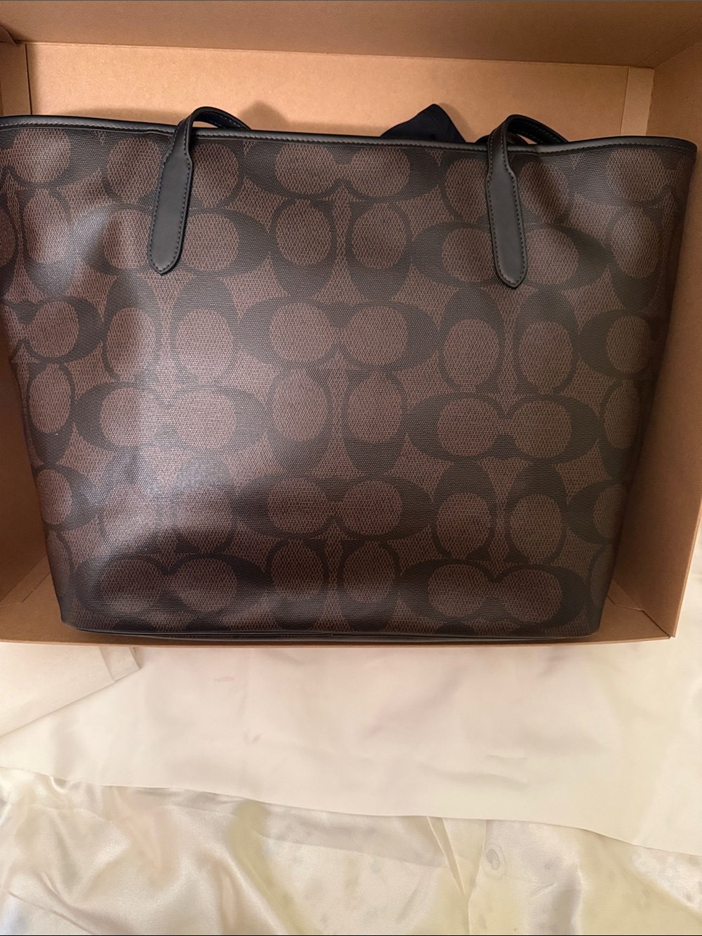 🤎Coach NWT Walnut Brown & Black Large City Tote In Signature C Monogram /Zipper - Picture 4 of 10